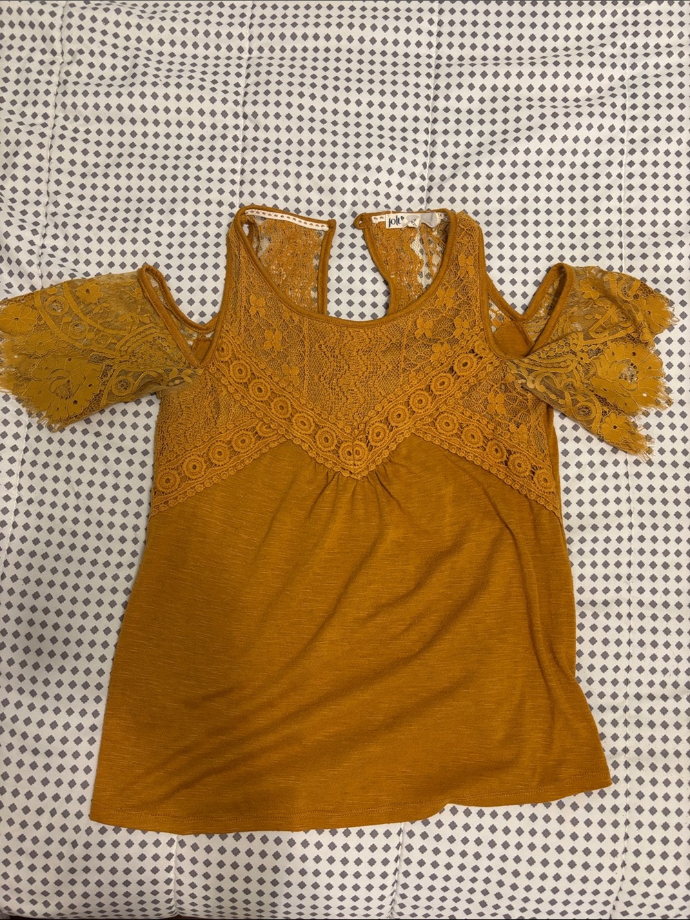 Jolt Mustard Cold-Shoulder Lace Yoke Women's Top